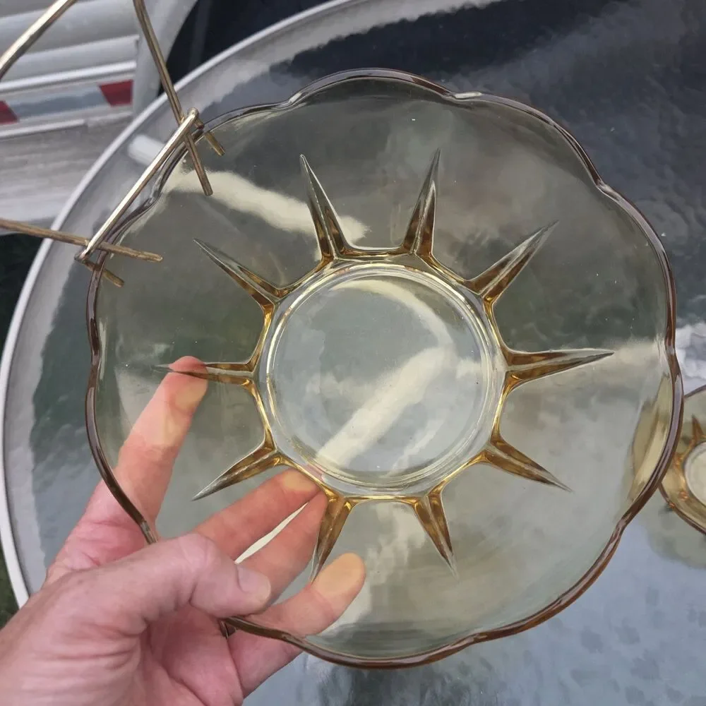 Vintage Unbranded Amber Glass Chip and Dip Bowl Set